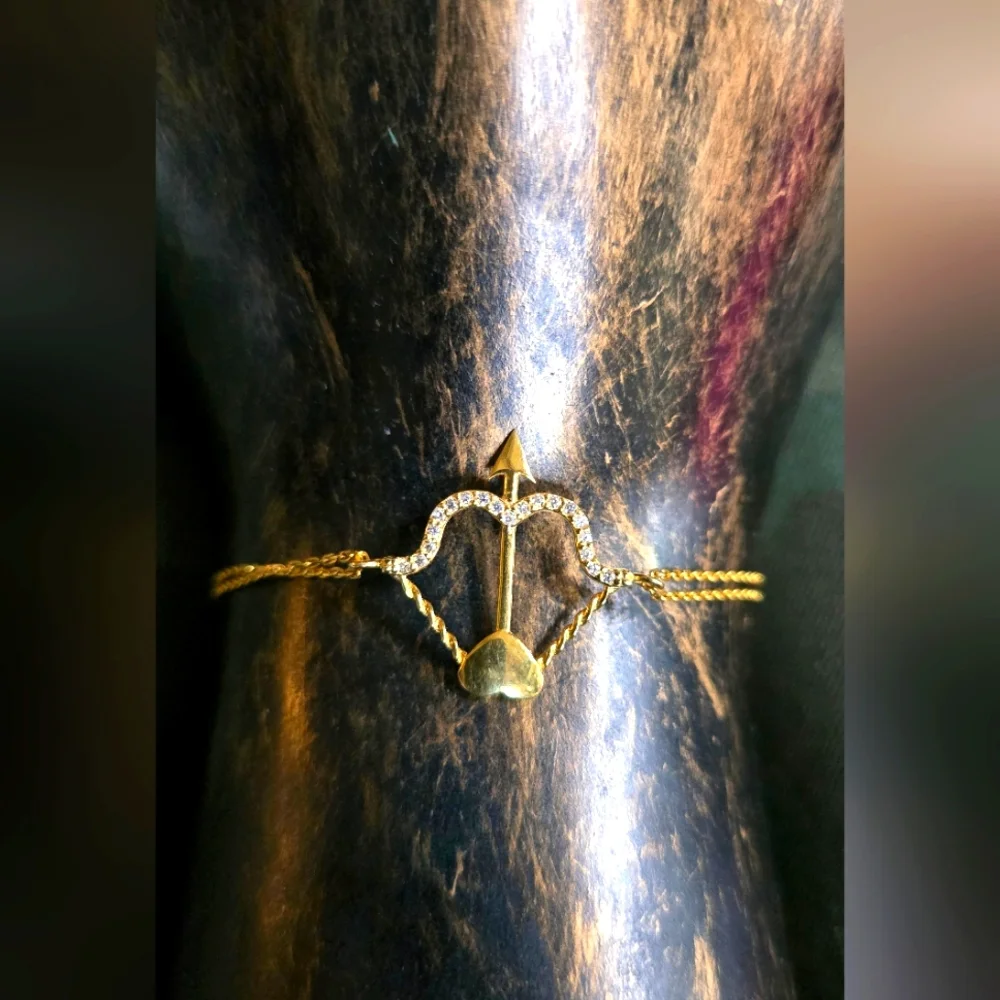 White Sapphire Sterling & Gold Arrow Heart Bracelet 14" - Picture 1 of 9